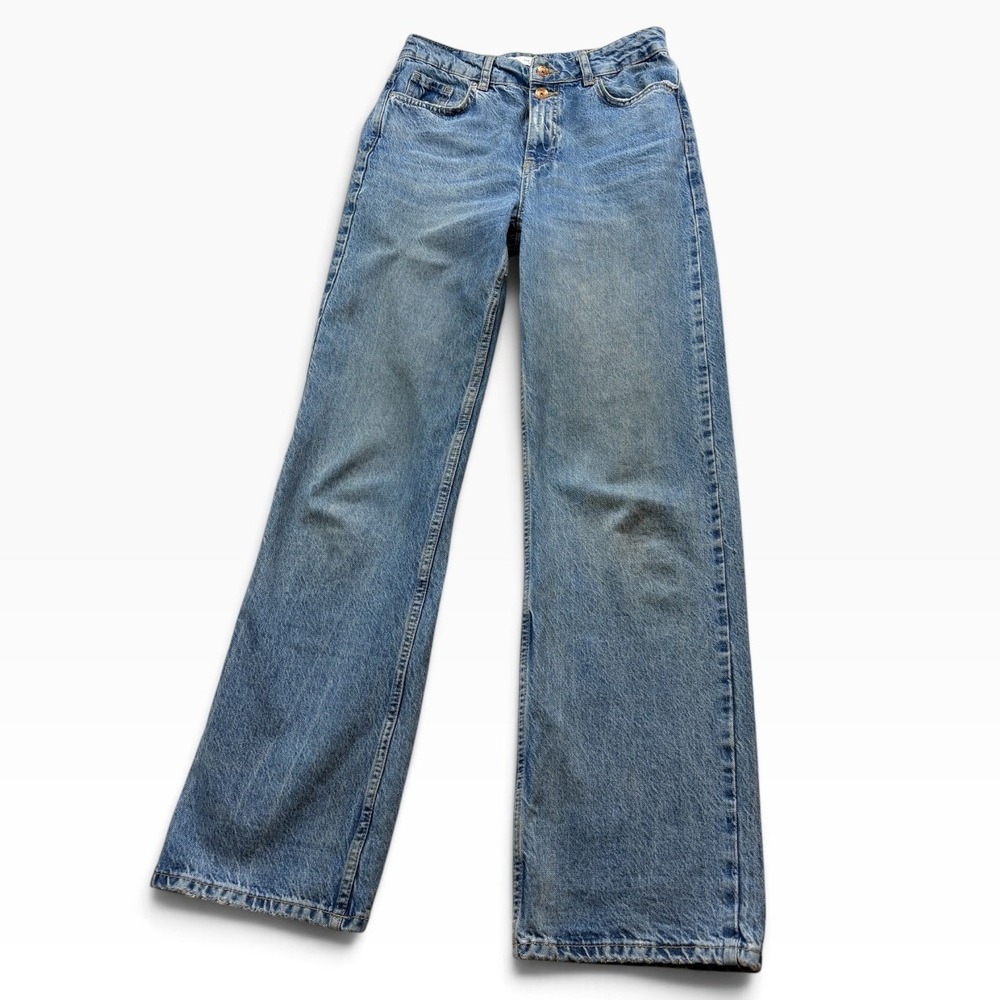 Zara Womens Wide Leg High Waisted Blue Denim Jeans Sz 4 Double Button